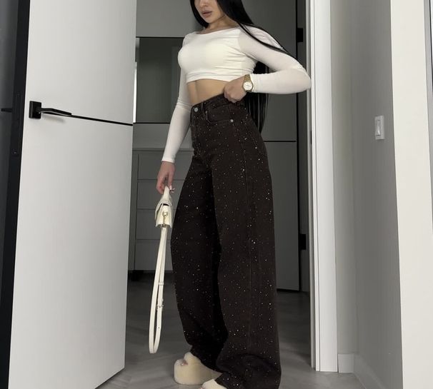 High Waisted Straight Leg Loose Wide Leg Rhinestone Jeans For Women Relaxed Everyday Wear Versatile Comfortable Feshion Trend_mkmklike.com