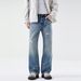 Clanfit Ripped Jeans Patched Detail High Street Retro Style Straight Leg Loose Fit Heavyweight Men's Trousers_mkmklike.com