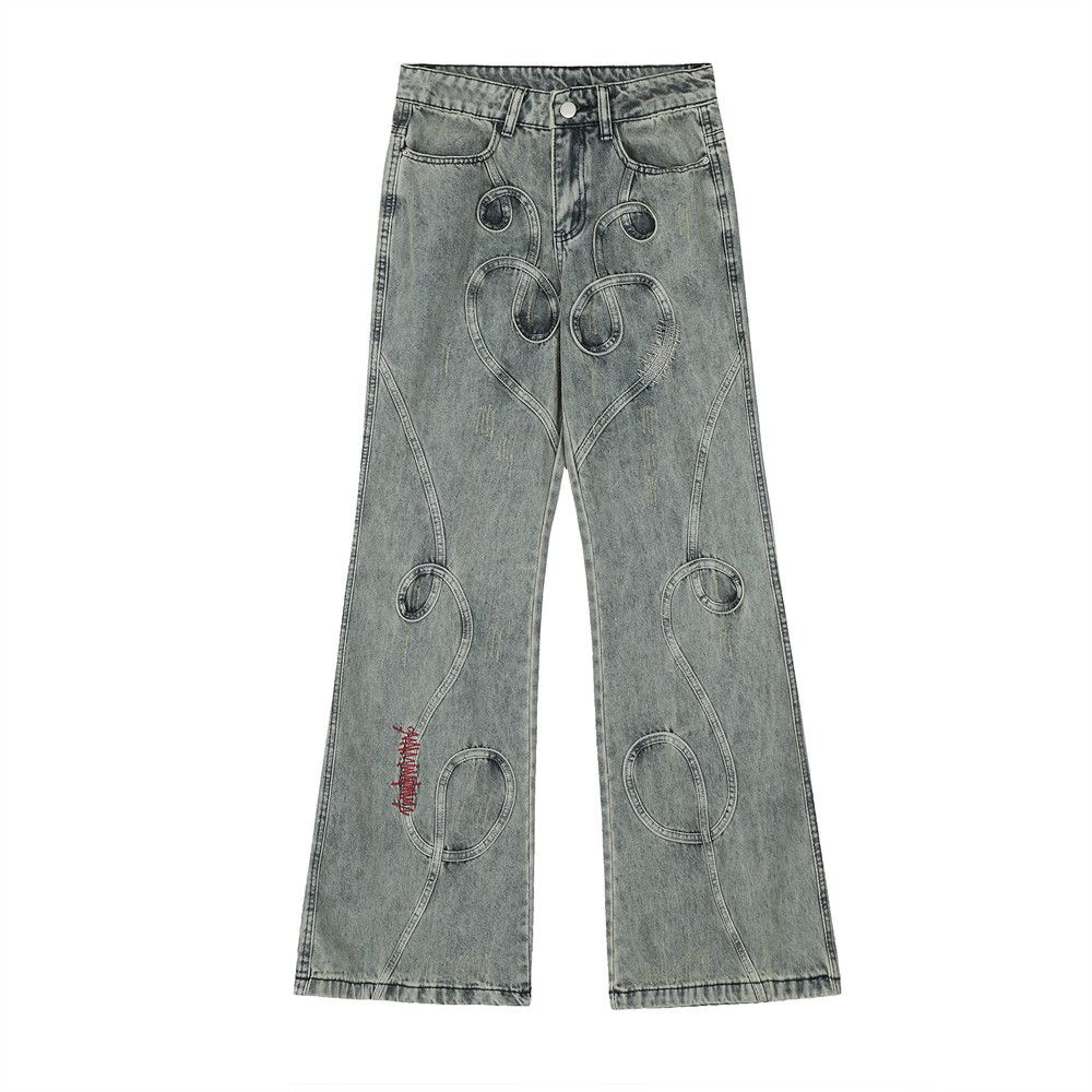 Inlaid Embroidery Flared Jeans For Men American Style Trendy Loose Niche Heavy Craft Design Wide-Leg Floor-Length Pants_mkmklike.com