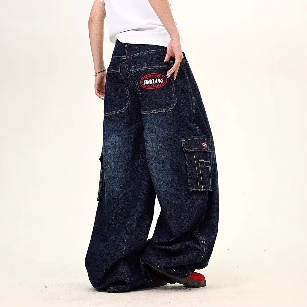 Vintage Cat Whisker Washed Distressed Jeans For Men & Women - Relaxed Fit Wide Leg Cargo Pants With Large Pockets_mkmklike.com