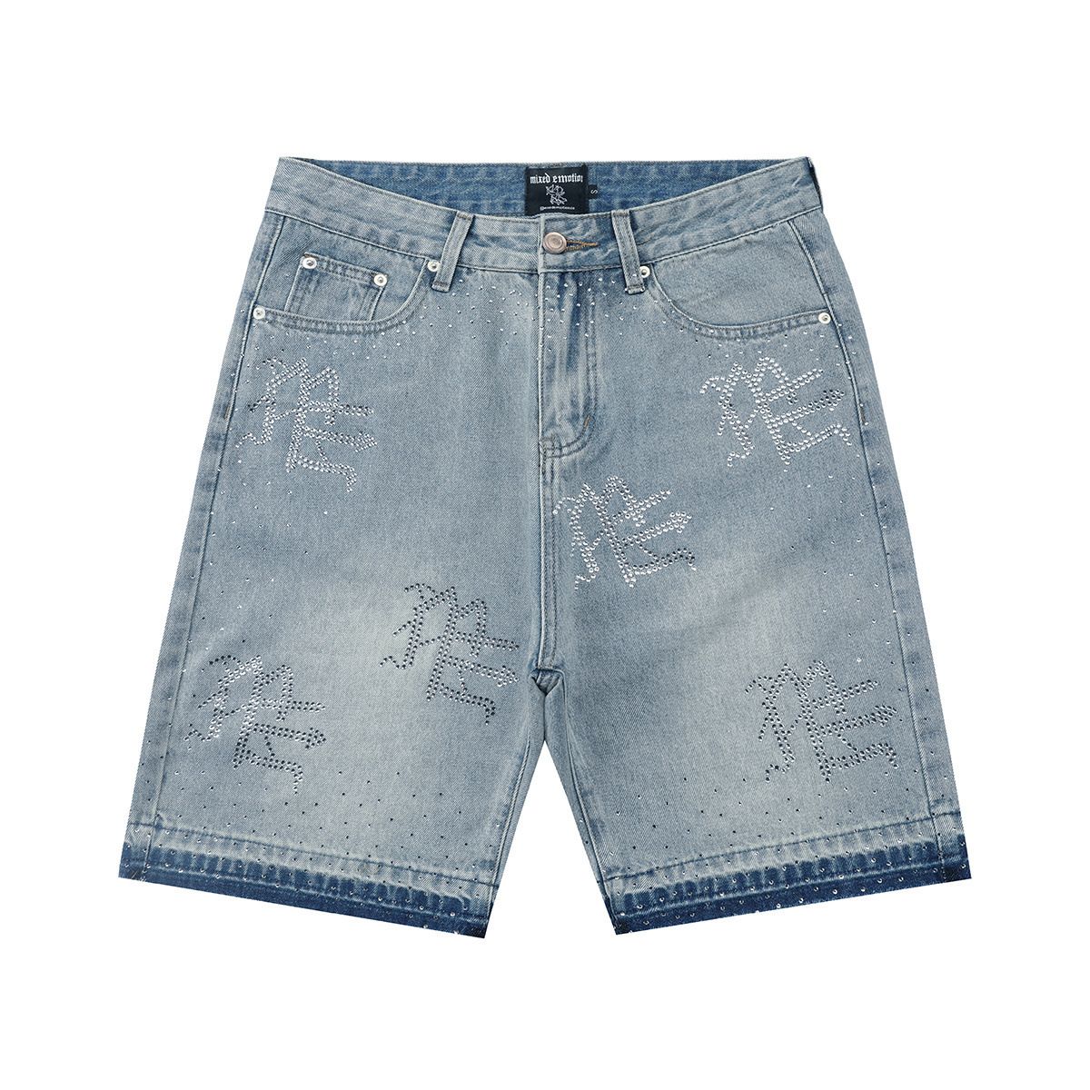 Men's Distressed Washed High Street Denim Shorts With Rhinestone Embellishments, Loose Straight Fit, Casual Streetwear_mkmklike.com
