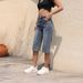 K New Women's Cowboy Mid Pants Breathable Quarter Pants Elastic High Waist Elastic Mid Pants_mkmklike.com