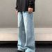 Light Blue Denim Jeans For Men Retro Washed Distressed Straight Leg Loose Wide Leg_mkmklike.com