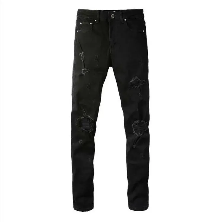 designer Stacked For Mens Baggy Tears Jean Biker Embroidered And Sewn Fashionable Perforated Pants Casual Straight Leg_mkmklike.com