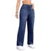 Women's Straight Leg Jeans Mid Rise Casual Style Elastic Waistband Stretch Fabric Drawstring_mkmklike.com