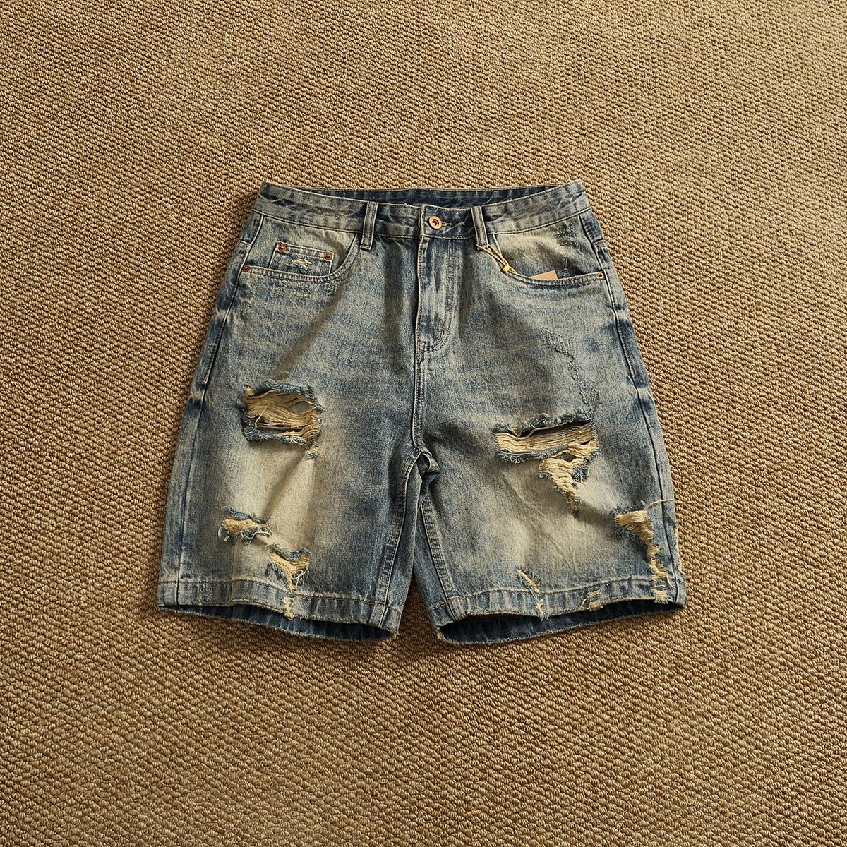 Men's Distressed Denim Shorts – Vintage Washed 5-Pocket Design (Breathable Cotton, Streetwear & Skate Style, Multiple Rips & Fading)_mkmklike.com