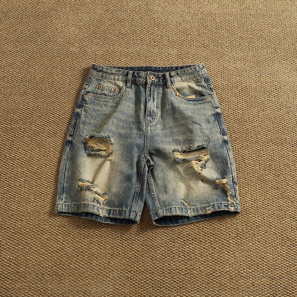 Men's Distressed Denim Shorts – Vintage Washed 5-Pocket Design (Breathable Cotton, Streetwear & Skate Style, Multiple Rips & Fading)_mkmklike.com