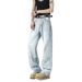 American High Street Washed Light Blue Scratch Slightly Flared Jeans For Men's Spring Summer Trendy Brands, Rugged And_mkmklike.com