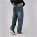 Men's Loose Fit Straight Leg Vintage Washed Denim Jeans With All-Over Print, Comfortable Cotton Casual Pants For Teenagers_mkmklike.com