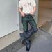 Unisex High-Waist Flared Jeans, Raw Deep Blue With Neon Green Zigzag Embroidery, Y2K Summer Streetwear_mkmklike.com