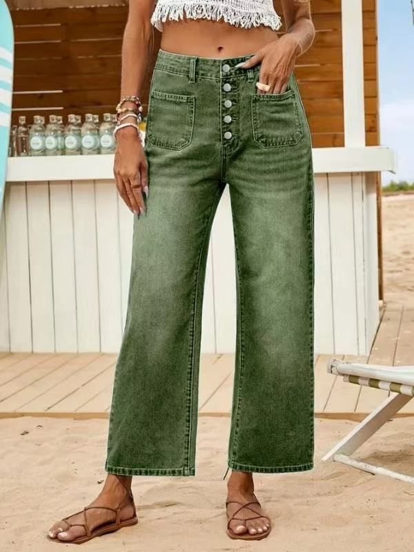 Women's Stretch Button Fly Relaxed Fit Cropped Jeans - Classic Denim Pants With Mid-Rise & Straight Leg (Navy/Black/Army Green)_mkmklike.com