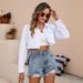Women's Casual Denim Jacket - Oversized Lightweight Cropped Coat With Long Sleeves & Turn-Down Collar_mkmklike.com