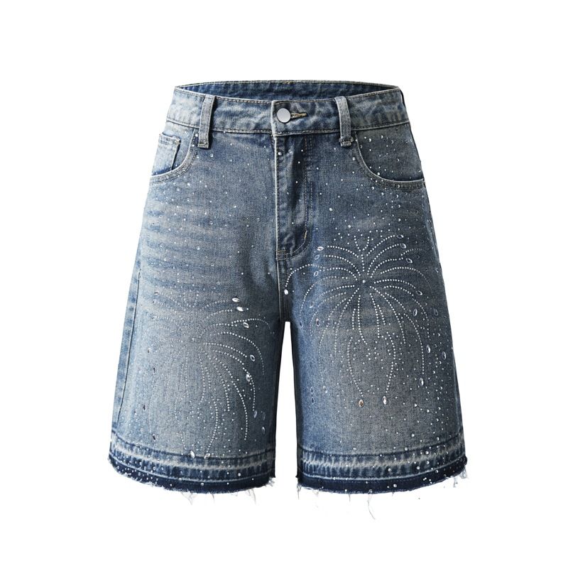 Men's Trendy Casual Denim Shorts New Style Five Point Pants Versatile Hot Fix Rhinestones_mkmklike.com