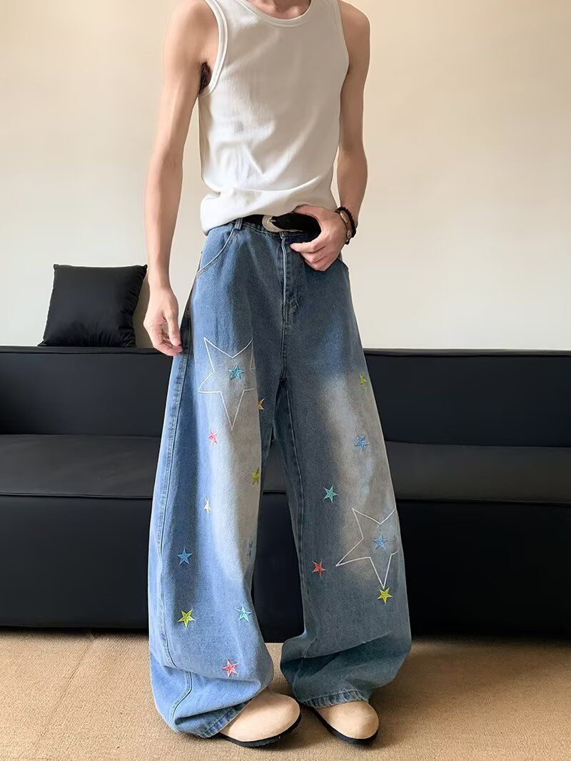 Summer American Graffiti Wide Leg Jeans High Waisted Slimming Loose Straight Leg Pants Unique Style New Design for Men_mkmklike.com