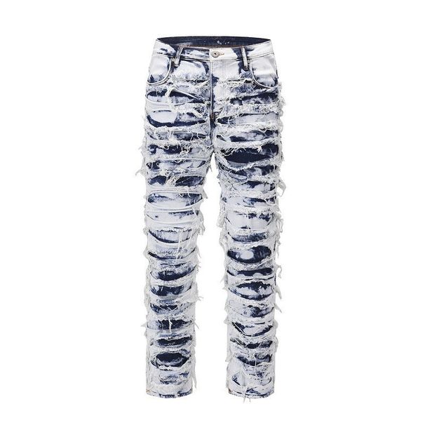 Men's Clothing 2026 High Street Retro Destruction Scratched Horizontal Washing Old Fashion Brand Beggar Hiphop Slim Stretch Denim Trousers_mkmklike.com