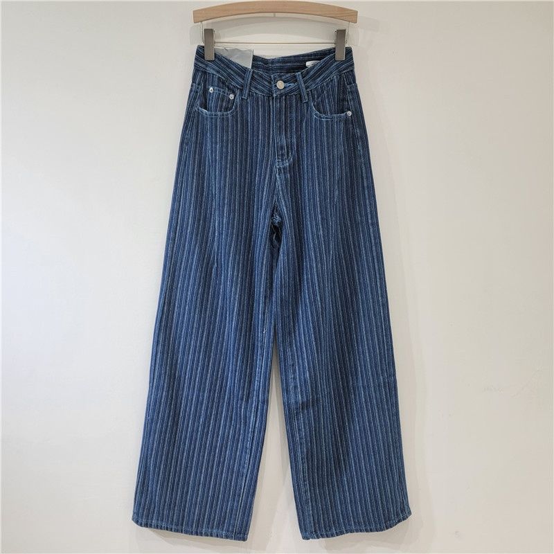 Retro, Youthful, Fashionable Ins-style Striped Jeans, 2024 New Trendy Design, Casual Wide-leg Long Pants For Women_mkmklike.com