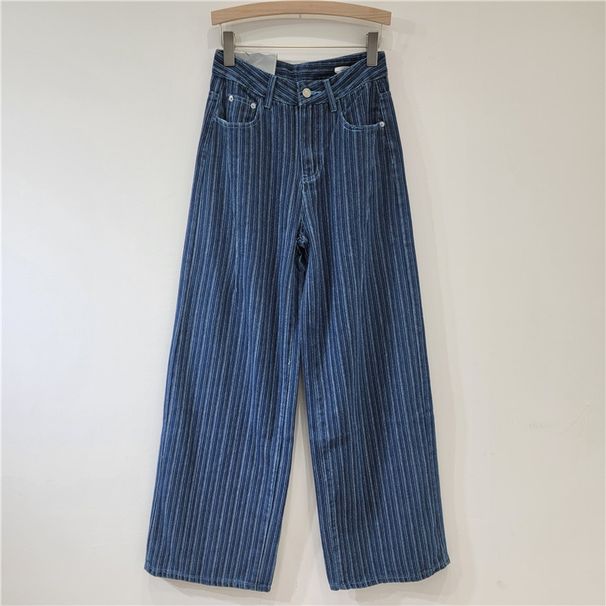 Retro, Youthful, Fashionable Ins-style Striped Jeans, 2024 New Trendy Design, Casual Wide-leg Long Pants For Women_mkmklike.com