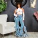 Fringe Hem Flared Jeans For Women, Boho Chic Distressed Bootcut Denim Pants With Side Slits, Stretchy Comfort From S To 2XL_mkmklike.com