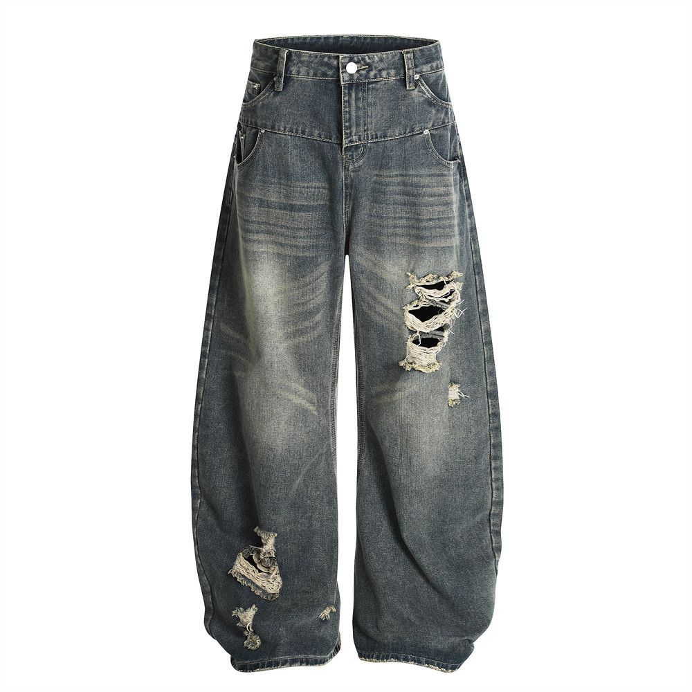 Punk Washed Distressed Denim Scimitar Men's Long Waistband Pocket Design Sense Curved Loose Wide-Leg Pants Trendy_mkmklike.com
