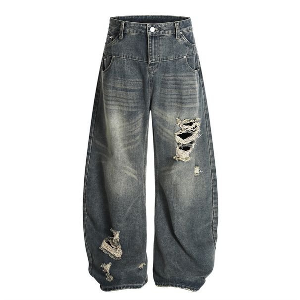 Punk Washed Distressed Denim Scimitar Men's Long Waistband Pocket Design Sense Curved Loose Wide-Leg Pants Trendy_mkmklike.com