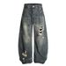 Punk Washed Distressed Denim Scimitar Men's Long Waistband Pocket Design Sense Curved Loose Wide-Leg Pants Trendy_mkmklike.com