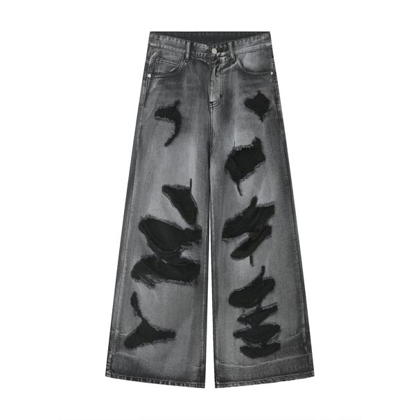 Men's Clothing Denim Ripped Wide Leg Jeans Straight Loose High Street Vibe Mopping Pants_mkmklike.com