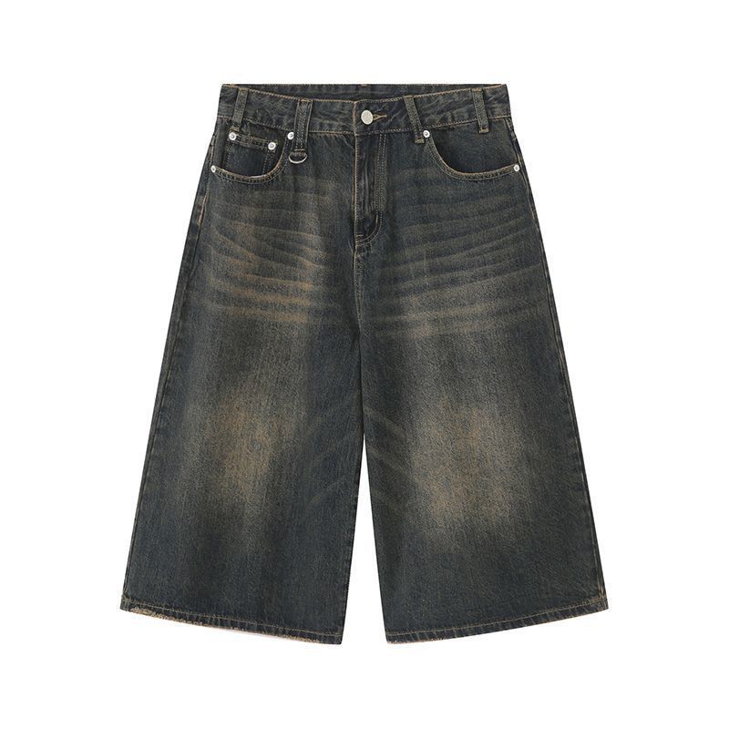 Men's Vintage Washed Denim Shorts Retro High Street Loose Fit Mid-Thigh Cargo in Black Navy Retro Blue_mkmklike.com