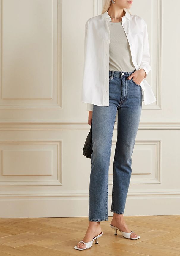 Women's Clothing Gray And Dark Blue High Waist Straight Nine Point Jeans For Women In Autumn With Asymmetric Trouser Legs_mkmklike.com