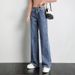 High Waist Stretch Denim Pants For Women - Relaxed Fit Straight Leg Cropped Jeans With Vintage Wash (Light Blue/Dark Blue)_mkmklike.com