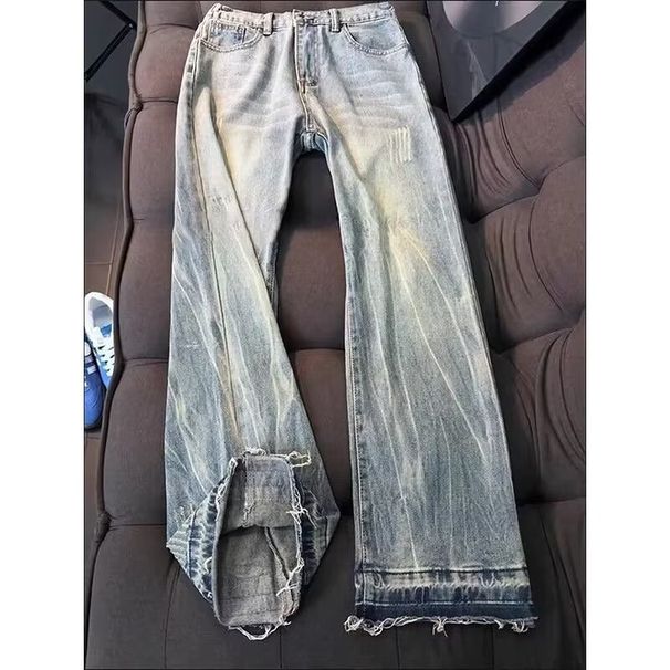 Washed And Made Old Lightning Pattern Jeans, Men's American Trendy High Street Brand, Rough Edge Design, Straight Tube, Slightly Pulled And Thin Pants_mkmklike.com