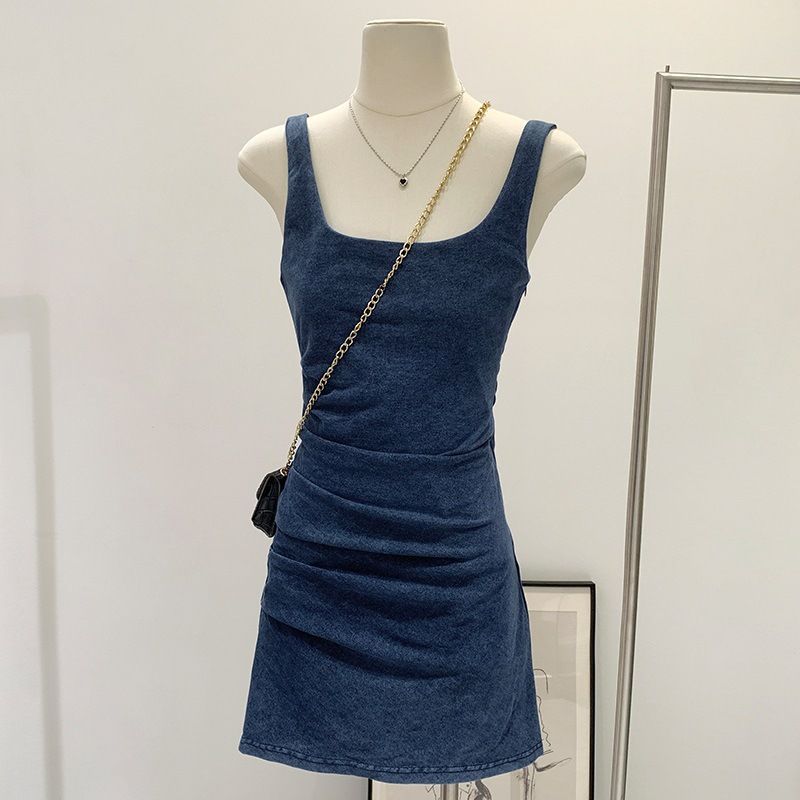 Waist Cinching, Pleating, Slimming, Hip Hugging Denim Suspender Dress For Children's Summer 2025 New High-End_mkmklike.com