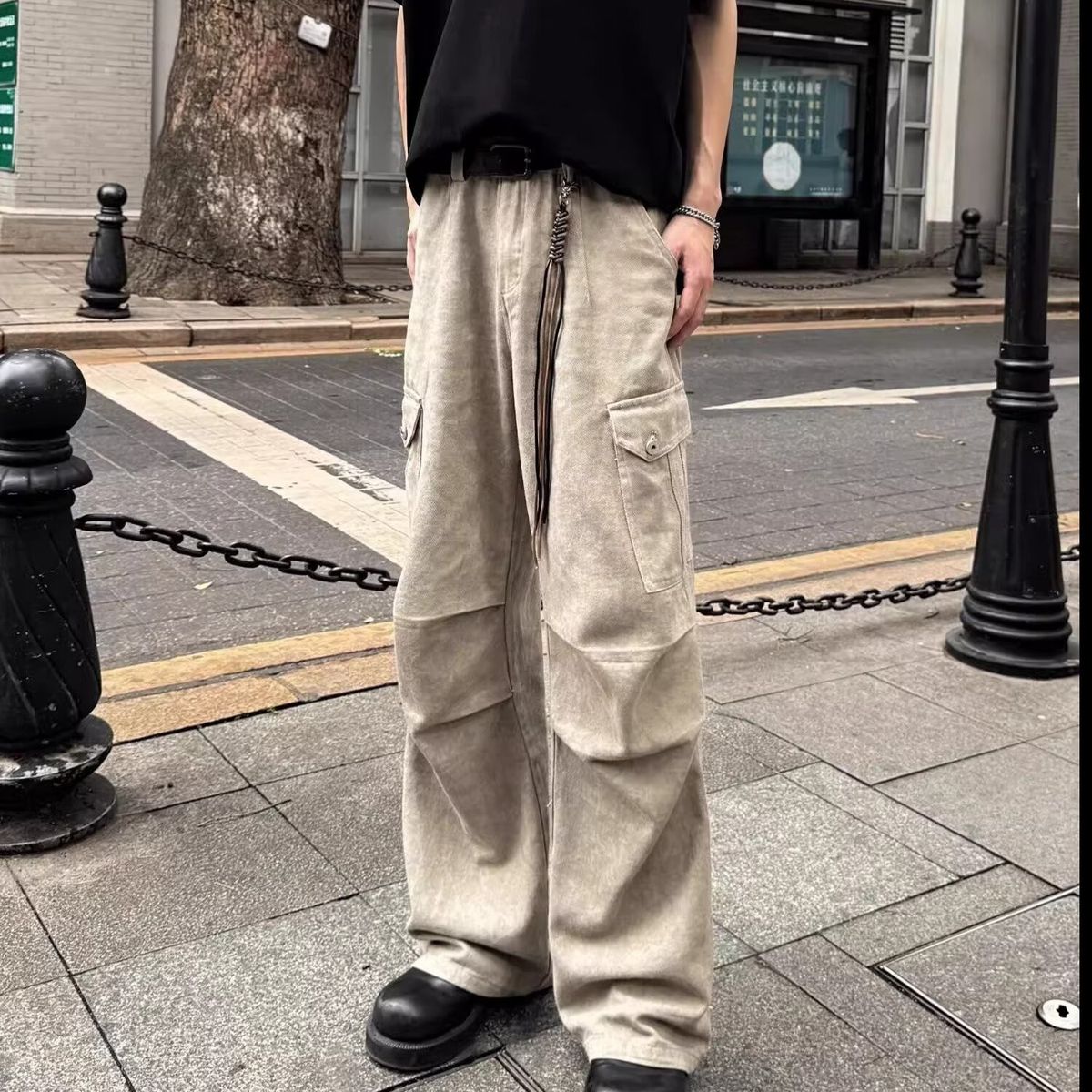 BOY American Retro Stone Gray Pocket Straight Wide-Leg Cargo Unisex Loose Autumn Marble Dark Pattern Casual Pants_mkmklike.com