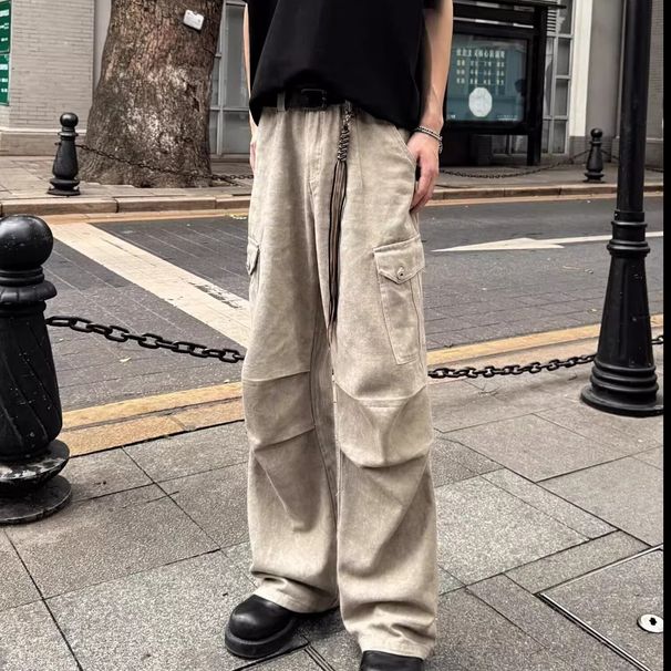 BOY American Retro Stone Gray Pocket Straight Wide-Leg Cargo Unisex Loose Autumn Marble Dark Pattern Casual Pants_mkmklike.com