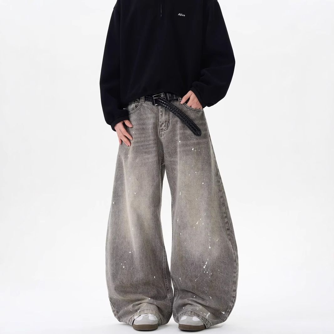 Vintage Washed Gray Splatter Paint Jeans – Streetwear Loose Straight-Leg Denim With Button Fly & Distressed Detailing_mkmklike.com