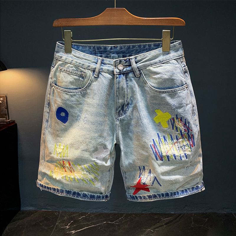 Men's Clothing Destroyed Sewing Denim Shorts Men Summer Thin Light Blue Shorts Printed Loose Five Point Casual Pants_mkmklike.com