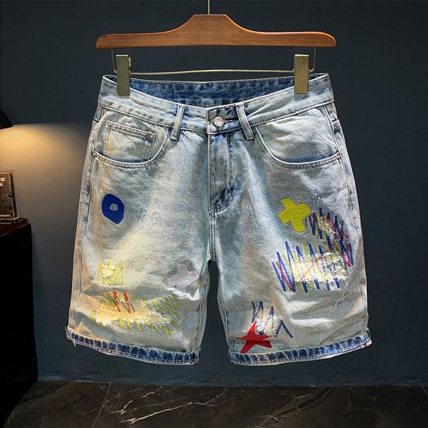 Men's Clothing Destroyed Sewing Denim Shorts Men Summer Thin Light Blue Shorts Printed Loose Five Point Casual Pants_mkmklike.com