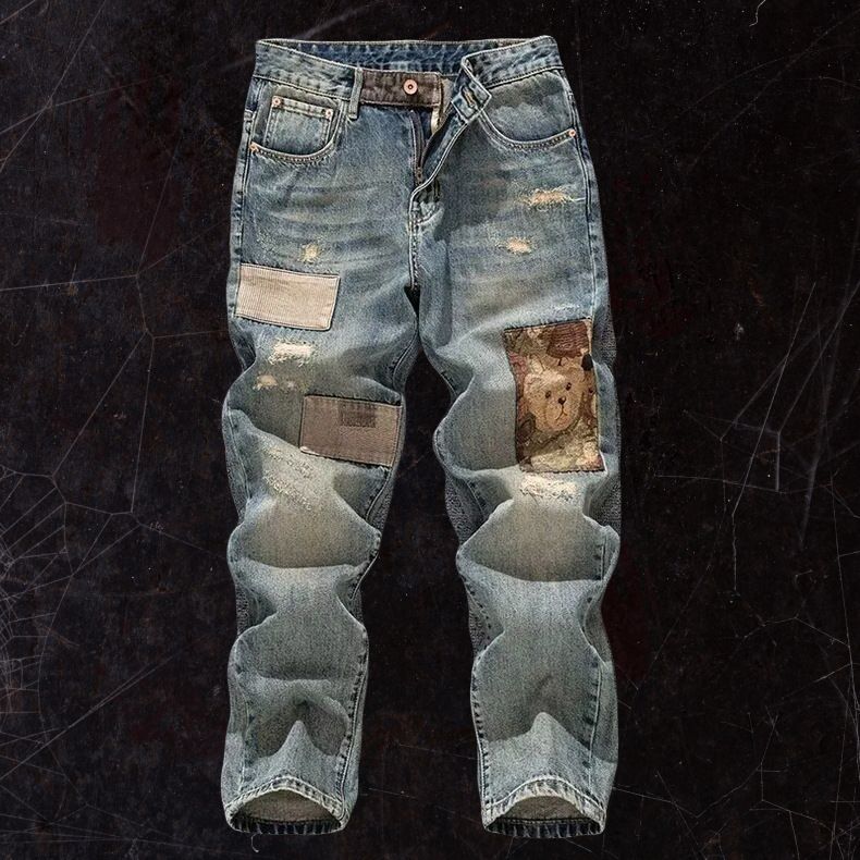 Men’s Distressed & Patched Vintage Denim Jeans – American Retro Streetwear (Straight-Leg, Tapered Fit) | High-Street Fashion For Fall_mkmklike.com