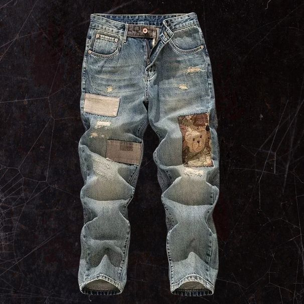 Men’s Distressed & Patched Vintage Denim Jeans – American Retro Streetwear (Straight-Leg, Tapered Fit) | High-Street Fashion For Fall_mkmklike.com