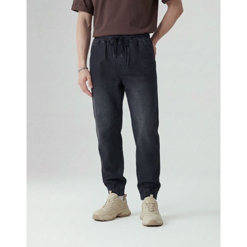 Men's Black Stretchy Casual Pants Skinny Midweight Polyester Cropped Jeans Simple Solid Color Loose Fit_mkmklike.com