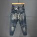 Men's Slim Fit Motorcycle Jeans Trendy Edgy Zipper Pockets Patchwork Design Tapered Leg mid Waist Blue Cotton Stretch Jeans_mkmklike.com