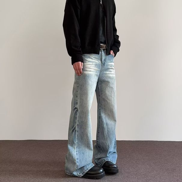 Unisex American Retro Washed Whiskered Jeans Loose Straight Leg Lightning Crackle Pattern Versatile Men's Denim_mkmklike.com