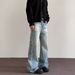 Unisex American Retro Washed Whiskered Jeans Loose Straight Leg Lightning Crackle Pattern Versatile Men's Denim_mkmklike.com
