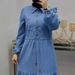 Women's Blue Patchwork Maxi Dress Dubai Turkish Clothing Fashionable Elegant Denim Dress_mkmklike.com