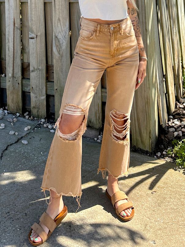 Distressed High-Waisted Wide-Leg Jeans – Vintage Washed & Hand-Ripped Boho Denim (Brown & Green, S-L)_mkmklike.com