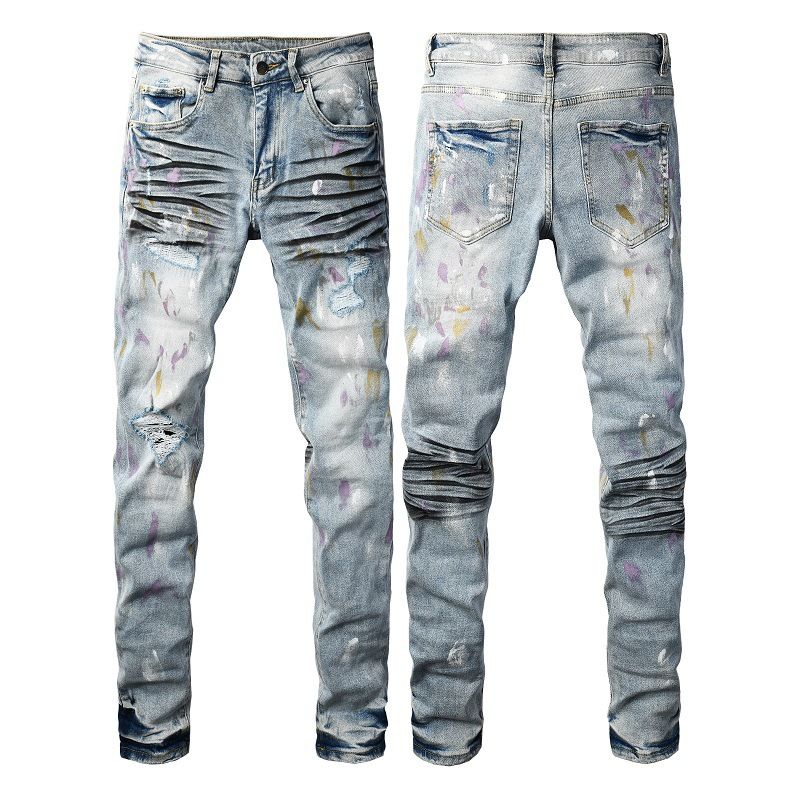 Men's Distressed Slim Fit Jeans With Paint Splatter & Whisker Details - Stretch Denim Pants For Casual Wear_mkmklike.com