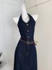 Hanging Neck Sleeveless Denim Dress, Women's Design Sense, Backless Vest, Long Skirt_mkmklike.com