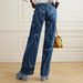 Women's High Waist Straight Leg Jeans With Water Wave Print - Cotton Denim Pants For Casual & Street Style (Blue, S/M/L/XL)_mkmklike.com