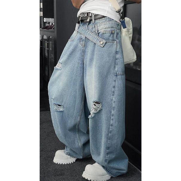 Men's Clothing Men's Trendy And Versatile Wide Leg Jeans Spring Retro Patchwork Ripped And Distressed Loose Fit_mkmklike.com