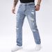 Men's Fashion Ripped Jeans Straight Tube Non Elastic High Street Style Light Blue Men's Pants Versatile For All Seasons Bicycle Ripped Denim Pants_mkmklike.com