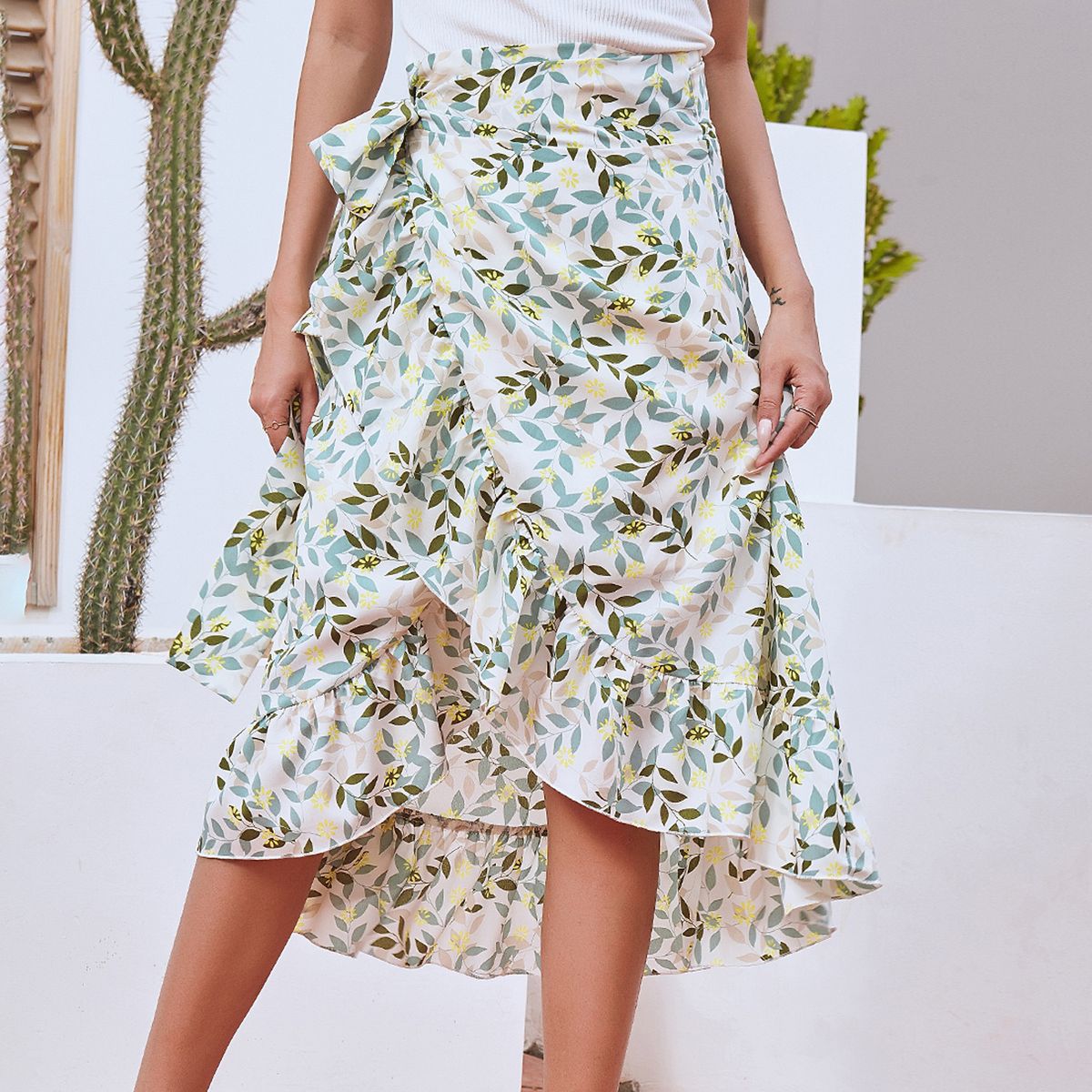 Women's printed strap slit big swing skirt with lining _mkmklike.com
